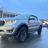 Silver ford ranger pickup truck with black wheels side steps and smooth style 4-inch fender flare px3 2019-2021
