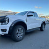 White ford ranger with matte black sport smooth style fender flares and silver alloy wheels 2022 plus model