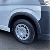 Black rubber fender flare liner on silver hiace 19+ minibus showing smooth black new shape zx design