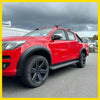 Red chevrolet colorado with matte black smooth style fender flares black wheels and side steps from 2016-2020 model
