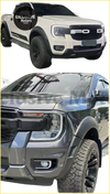 White and black ford ranger wildtrak with rugged off-road tires and bold fender guard flares for 2023-2025 models