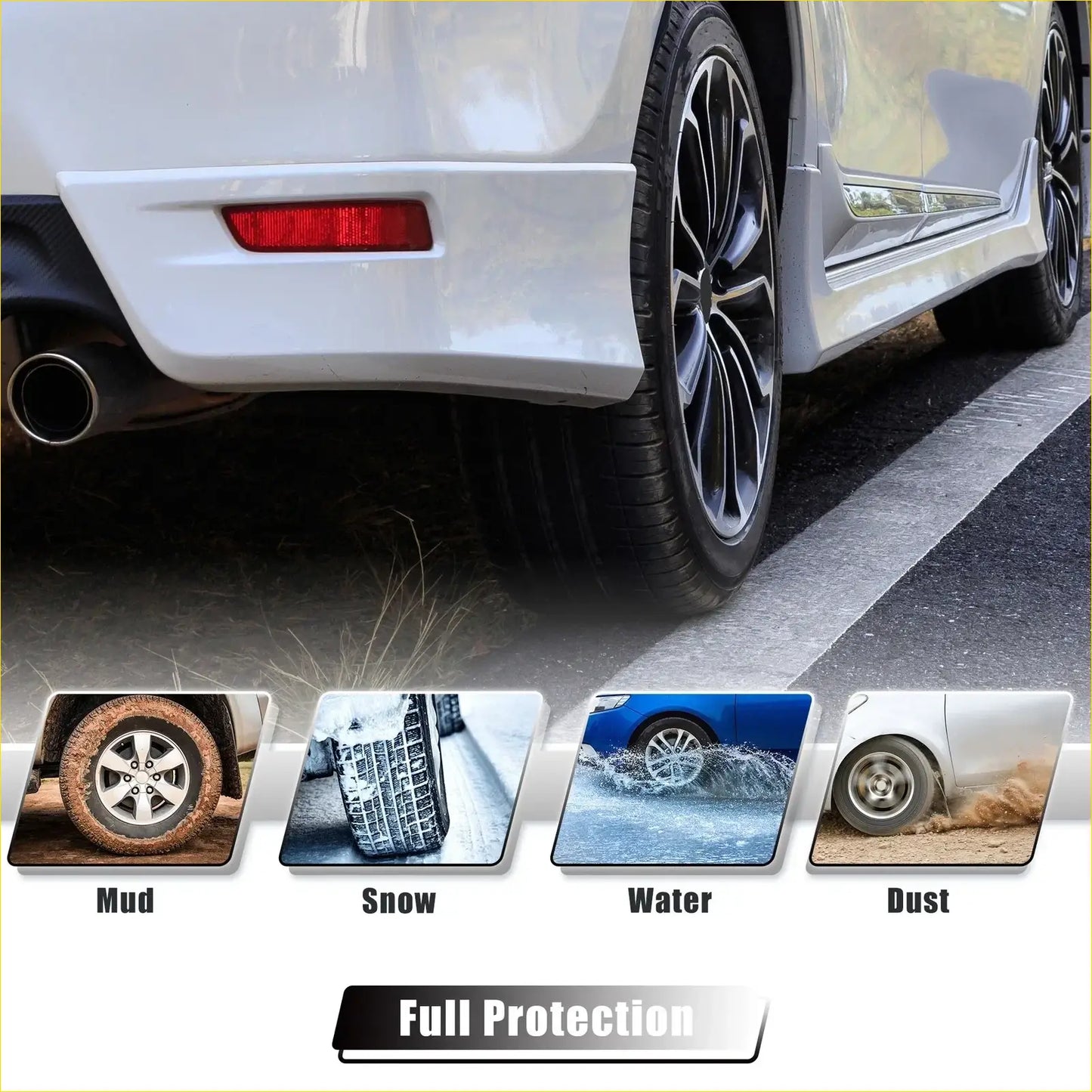 Back of white Toyota Sequoia with black alloy wheels showing fender liners splash shield set installed