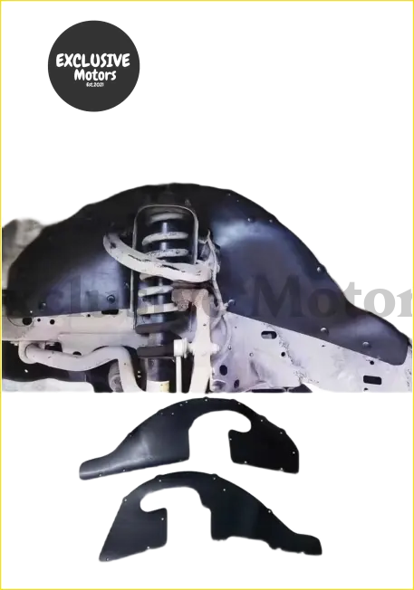 Black plastic fender lining and shock absorber cushion lining for toyota fj cruiser shown installed and as separate parts