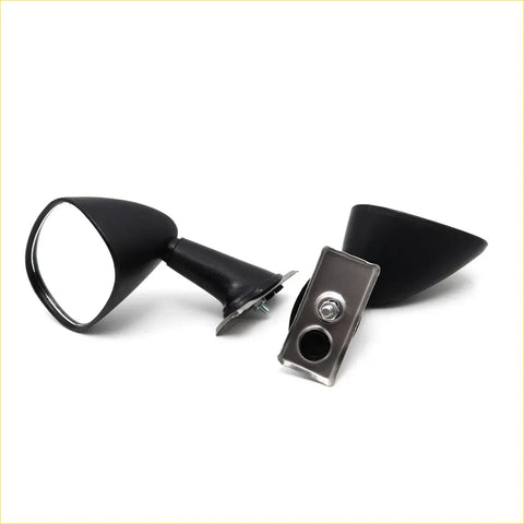 Black glossy fender mirror for Toyota Hilux RN20-RN85 1972-1998 with teardrop housing and chrome bracket side view