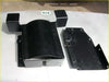 Black metal land rover undercarriage protection kit with molded plastic parts and mounting brackets shown from back side