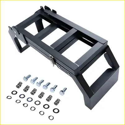 Black foldable aluminium ladder with metal ladder style rack and matching bolts and washers shown from the back side
