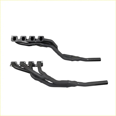 Black metal exhaust manifolds with matte finish and multiple ports for ford falcon xr-xf fairlane zf-zk v8 tri-y gasket
