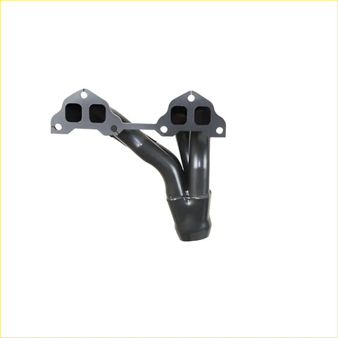 Black metal exhaust manifold with y shaped design and flanged ends for ford mazda sqr port uni gasket installation