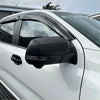 Black plastic side mirror with integrated turn signal and rain shield on white ford ranger 2022 door visors weather shield set