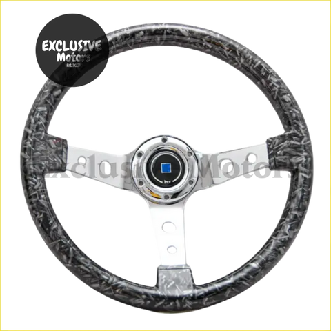 Forged carbon style 14 inch marble style steering wheel with carbon fiber texture chrome center and black grip