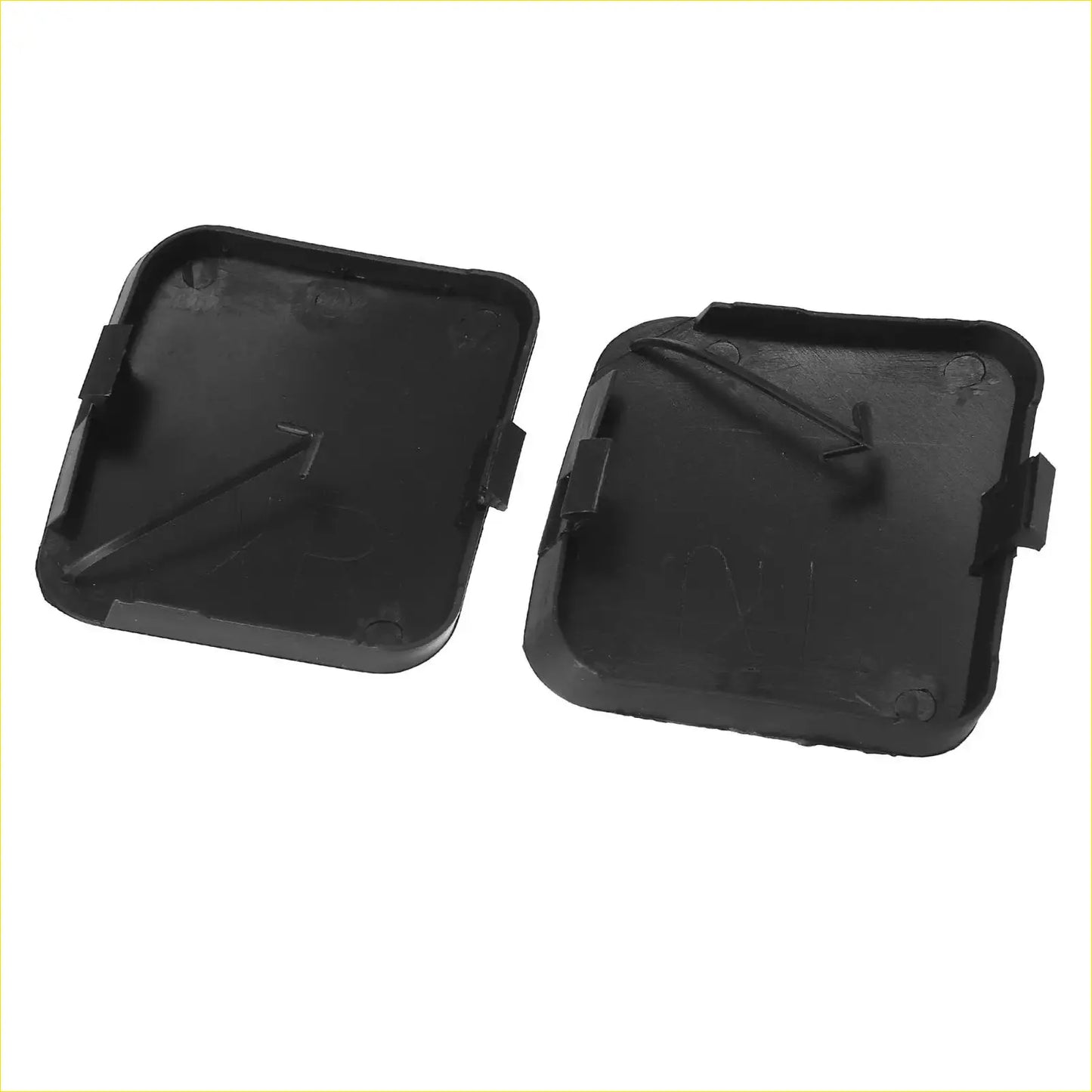 Black plastic front bumper tow hook cover cap for Toyota RAV4 2009-2012 with integrated latch mechanism backside view