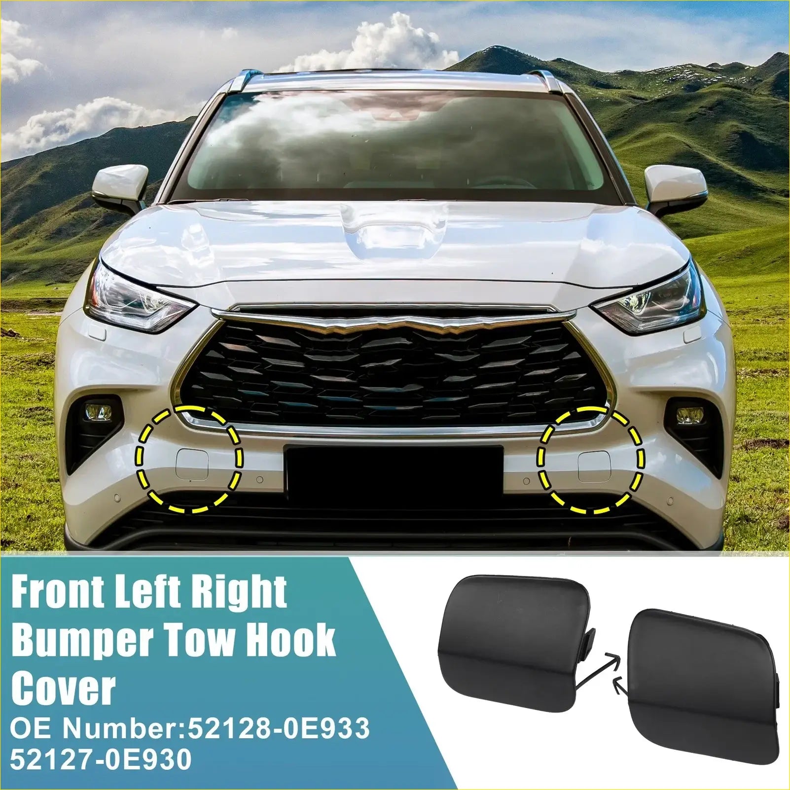 Black plastic front bumper tow hook cover for white toyota highlander suv 2014-2019 shown from the front