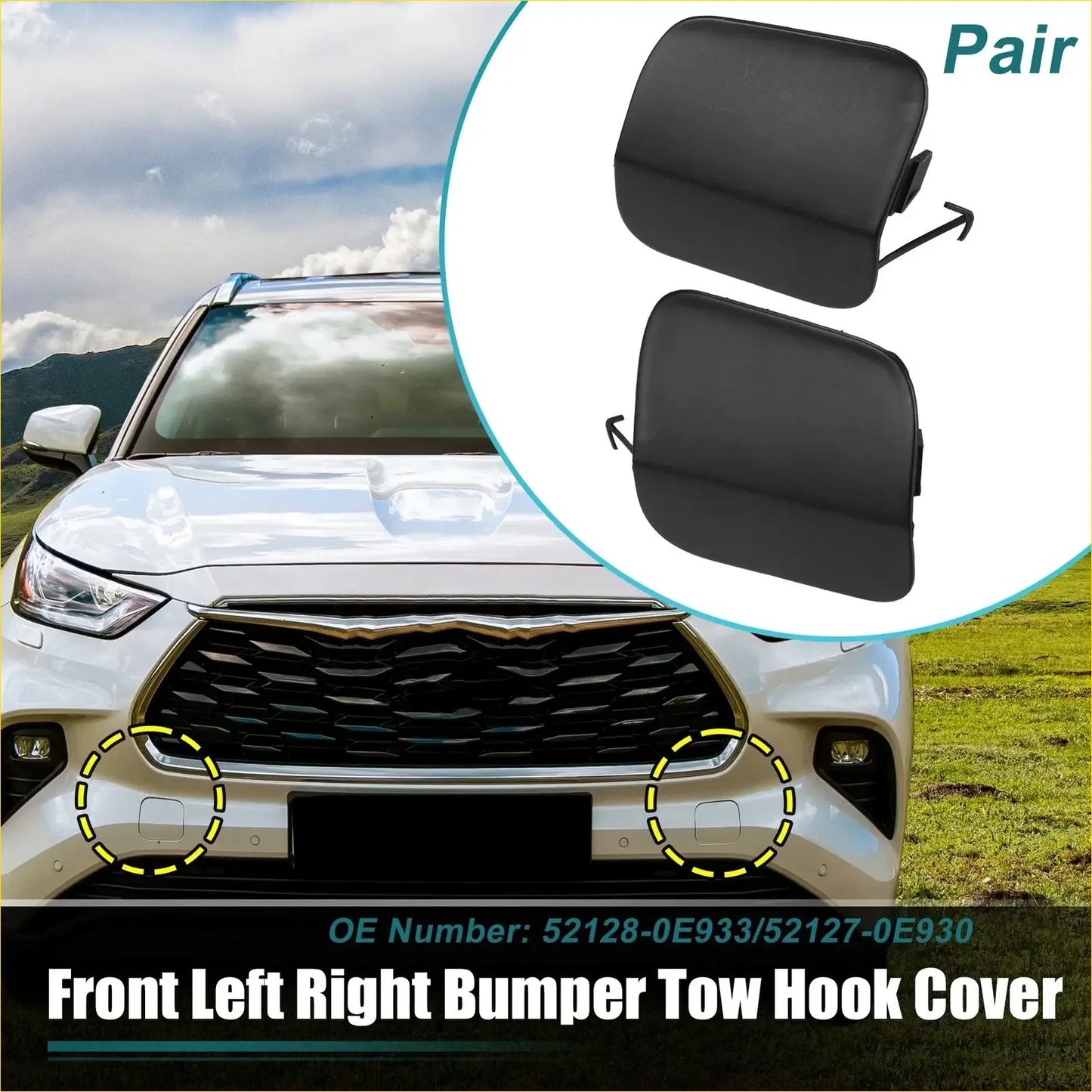 Black plastic front and rear bumper tow hook covers for 2014-2019 toyota highlander shown as a pair