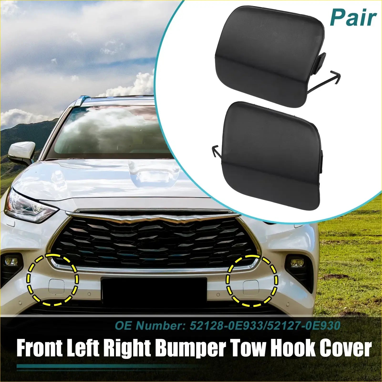 Black plastic front and rear bumper tow hook covers for 2014-2019 toyota highlander shown as a pair