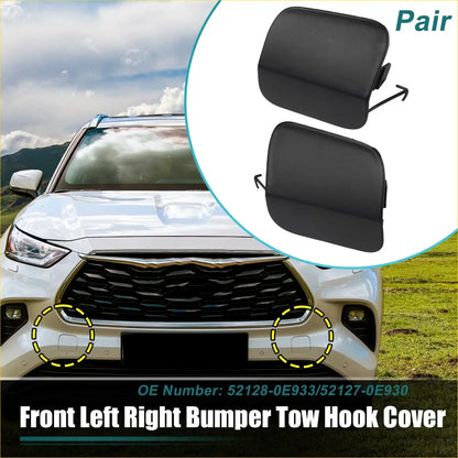 Black plastic front and rear bumper tow hook covers for 2014-2019 toyota highlander shown as a pair