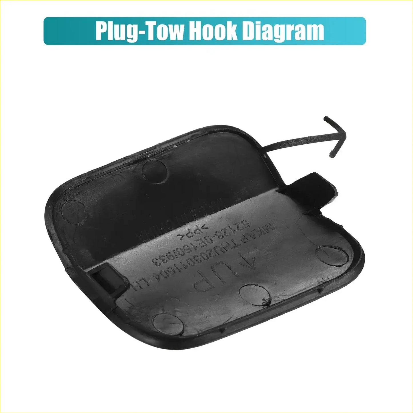 Front bumper tow hook cover for Toyota Highlander 2014-2019 black plastic with molded mounting holes and attachment tab