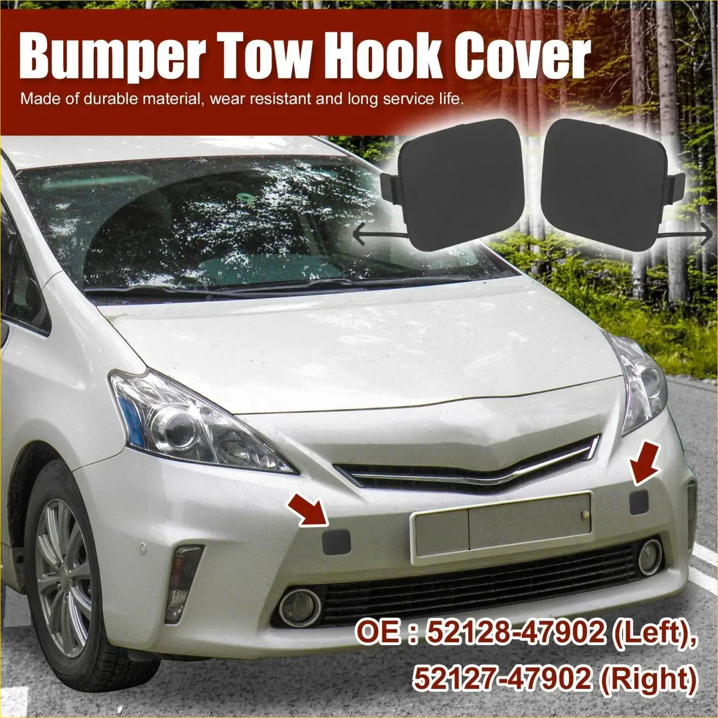 Black plastic front bumper tow hook covers for toyota prius v 2012 fitting oem part numbers 52128-47902 and 52127-47902