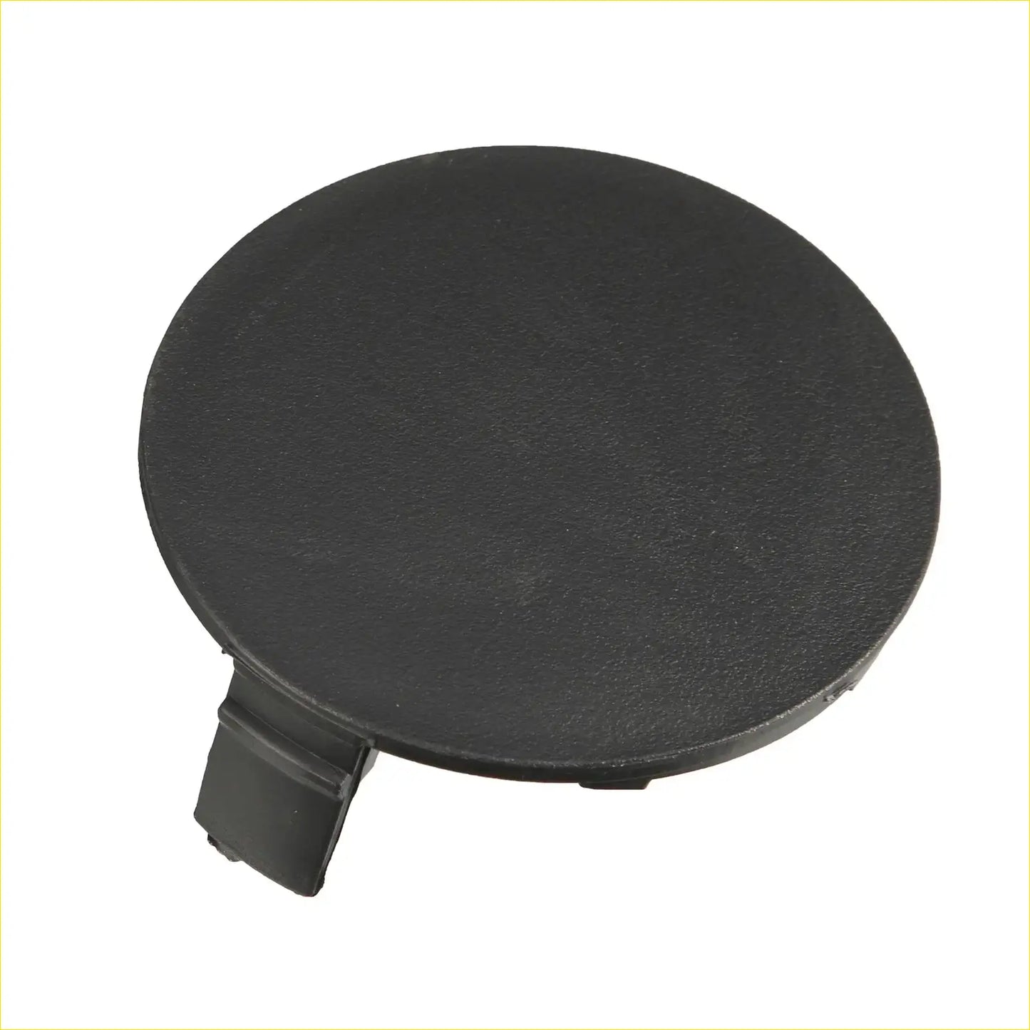 Black circular plastic fuel cap with a small tab for front bumper tow hook cover on toyota rav4 2019-2023