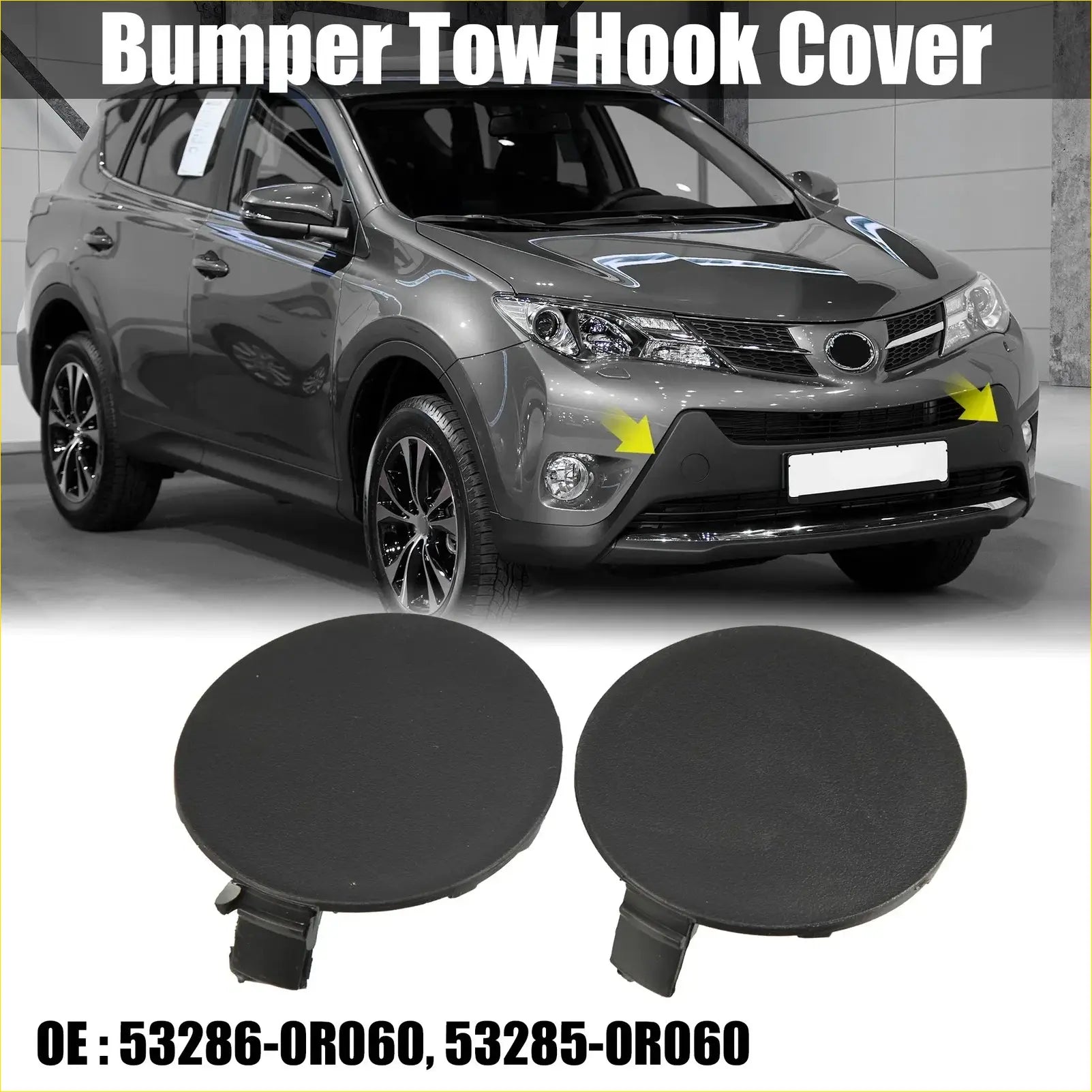 Black circular matte front bumper tow hook covers with integrated clips for toyota rav4 2019-2023 back side view
