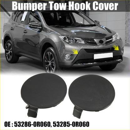 Black circular matte front bumper tow hook covers with integrated clips for toyota rav4 2019-2023 back side view