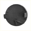 Black circular plastic front bumper tow hook cover with molded tabs for toyota rav4 2019 to 2023 shown from back side