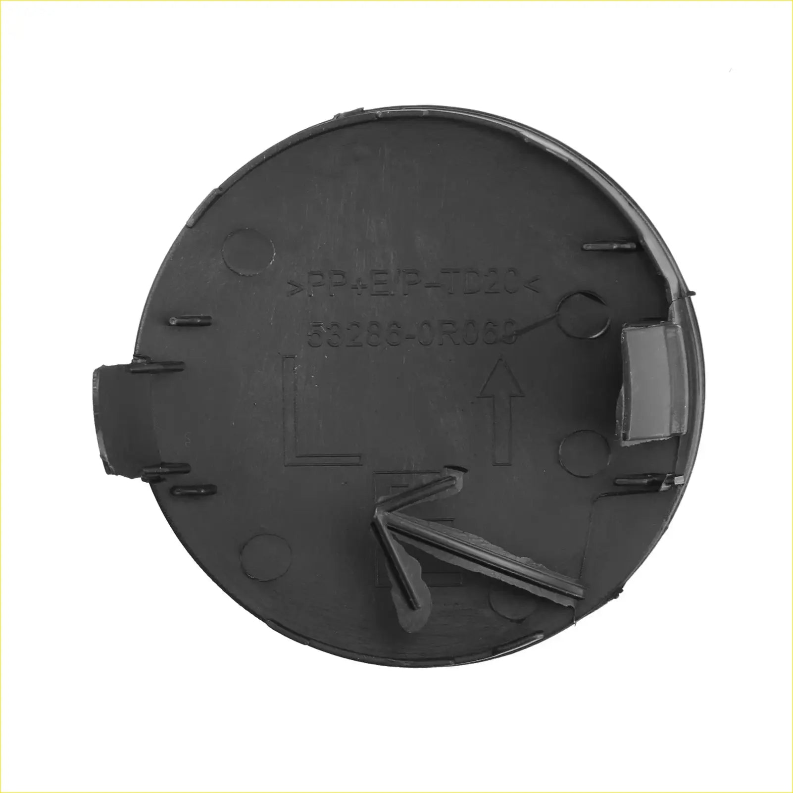 Black circular plastic front bumper tow hook cover with molded tabs for toyota rav4 2019 to 2023 shown from back side