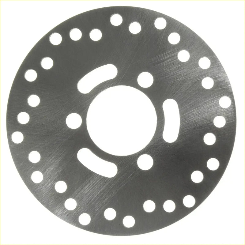 Front disc brake rotor for Suzuki Ozark 250 with silver metallic brushed finish and circular holes for better cooling