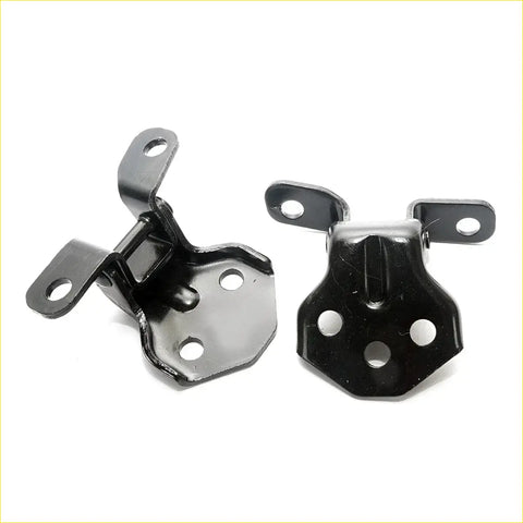 Black metal front door hinge brackets with matte finish and multiple holes for Mazda Capella 626 85-87 hatchback sedan