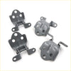 Gray metal front door hinge assemblies with matte finish and multiple mounting holes for mitsubishi triton 96-06