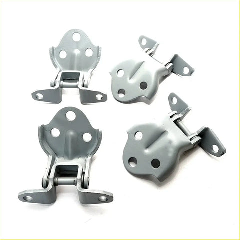 Set of four gray metal front door hinges with matte finish and circular mounting holes for mitsubishi colt 1988-1992