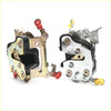 Silver and black front door lock latch actuators with red and yellow plastic parts for Nissan Datsun Navara D21 1986-1997