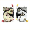 Front door lock latch for nissan datsun navara d21 showing two metal latch mechanisms with red and yellow plastic parts