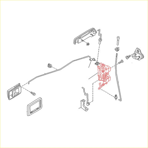 Front door lock latch set for Nissan Navara d21 king cab with red brake caliper assembly showing internal parts and mounts