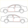 Red-outlined sedan car silhouette showing front door weatherstrip for nissan datsun 120y b210 1974-1977