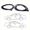 Black rubber front door weatherstrip seal strips for Nissan Datsun Sunny B310 shown coiled with vehicle diagrams