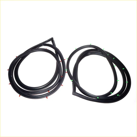 Black rubber front door weatherstrip for Nissan Datsun Sunny B310 with red and green plastic tabs visible