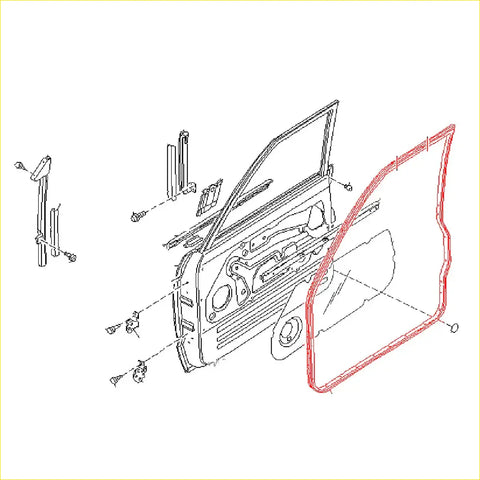 Disassembled front door weatherstrip panel for nissan patrol safari st y60 1987-1997 with red outline on trim parts