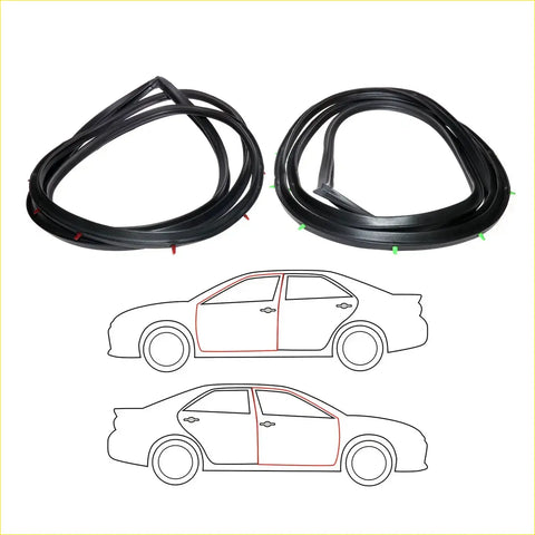 Black rubber front door weatherstrip set for mazda familia 323 sedan 1980-1984 shown coiled with car outlines
