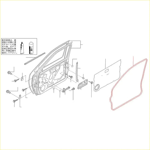 Exploded view diagram of front door weatherstrip x2 in black rubber for nissan navara showing door panel assembly parts