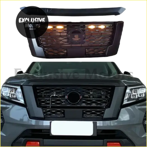 Black mesh front grill with integrated led lights and circular emblem for nissan navara np300 pro-4x 2021-2022