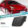 Black plastic front left bumper tow hook cover for 2016-2019 toyota prius shown from back side