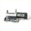 Gray metal front left door hinge bracket for nissan navara d21 1986-1997 being measured with digital caliper