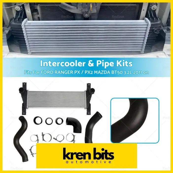 Silver aluminum front mount intercooler kit with black plastic brackets and hoses for ford ranger px px2 mazda bt50 3.2l