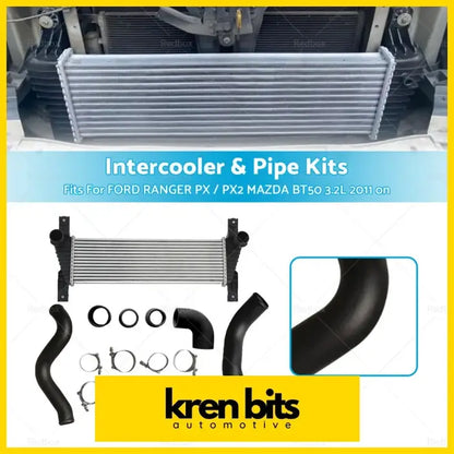 Silver aluminum front mount intercooler kit with black plastic brackets and hoses for ford ranger px px2 mazda bt50 3.2l