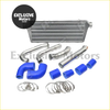 Front mount intercooler piping kit for Toyota Hilux Vigo with silver aluminum intercooler, blue silicone hoses, and chrome clamps