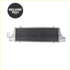 Front mount turbo intercooler in silver aluminum with sleek rectangular design and evenly spaced cooling fins