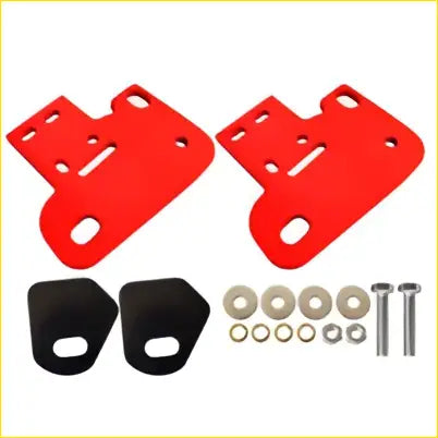 Red plastic front recovery tow point mounting brackets with black rubber pads and metal hardware for mitsubishi triton and pajero sport