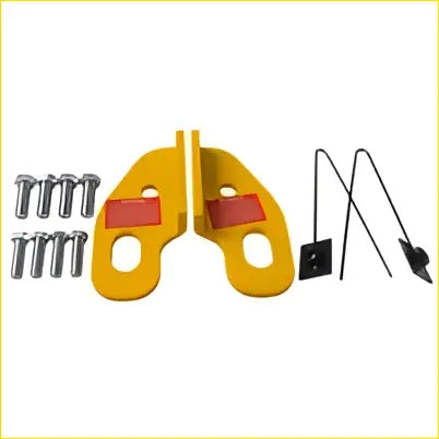 Yellow plastic door stop with red rubber pads and metal hardware for front recovery tow point kit 5 tonne fit nissan navara