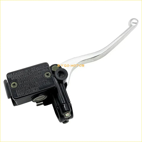 Front right brake master cylinder for Suzuki in black and chrome with a warning label on the reservoir