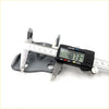 Gray metal front right door hinge for Nissan Navara D21 1985-1997 being measured with digital caliper